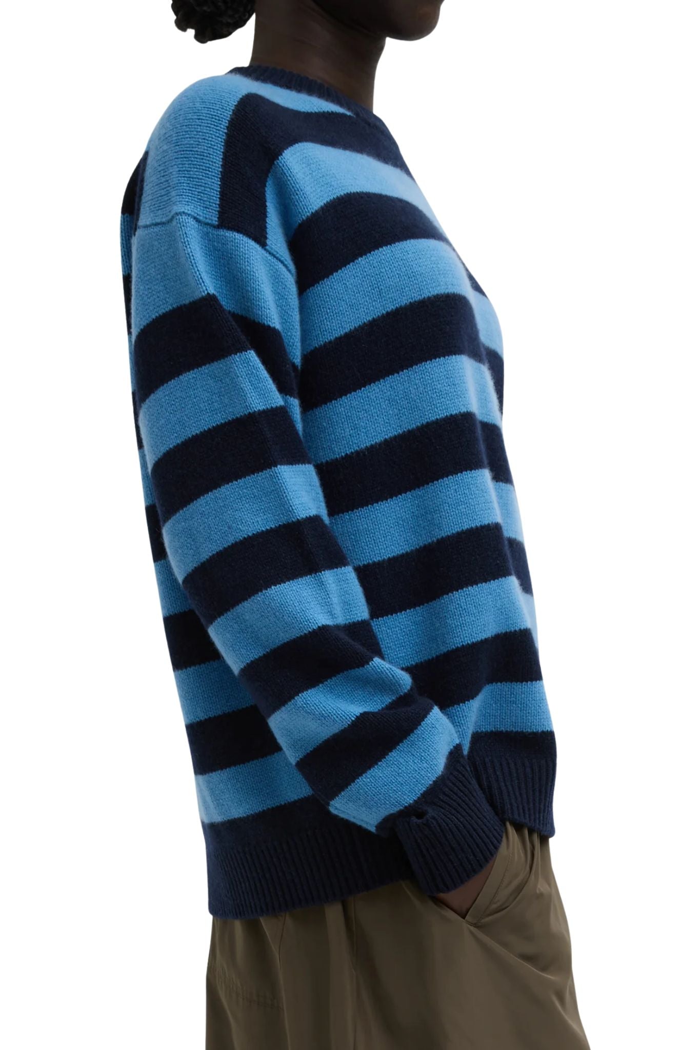 Tibi Striped Cashmere Crewneck Easy Pullover - Vermillion