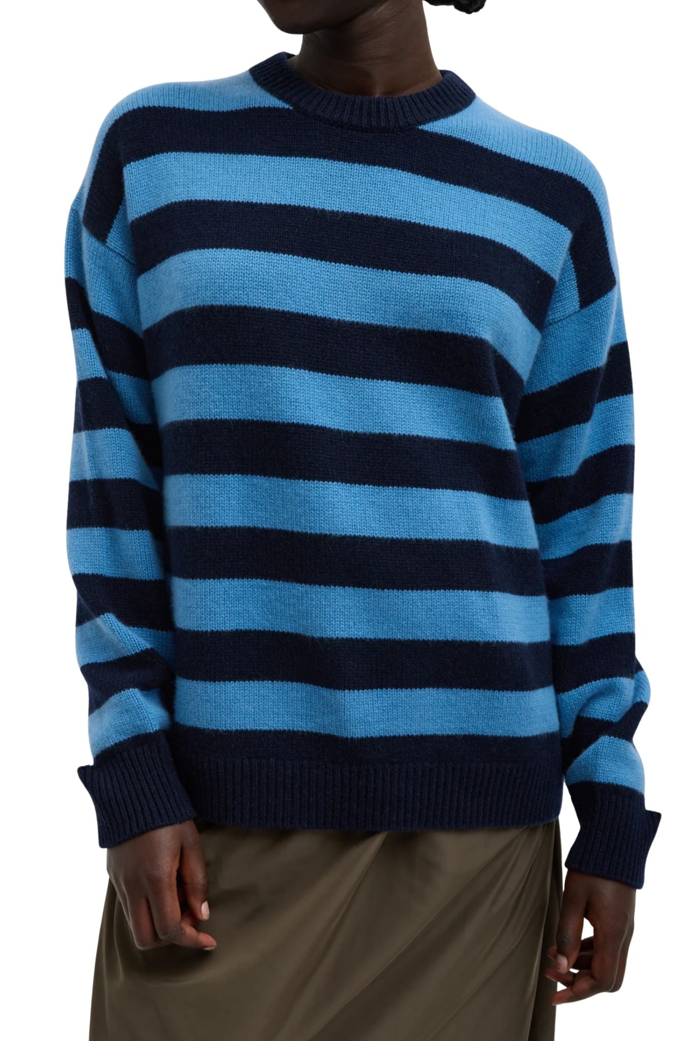 Tibi Striped Cashmere Crewneck Easy Pullover - Vermillion