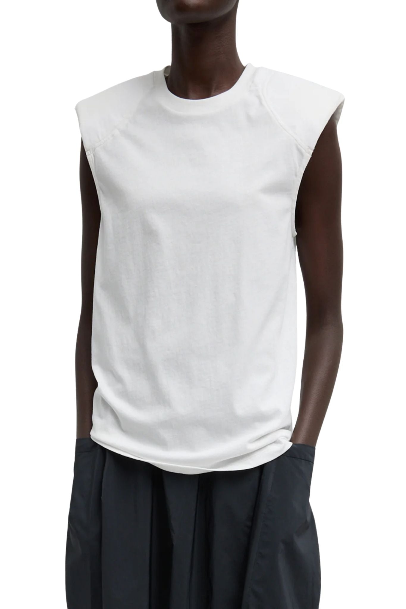 Tibi Tshirt Program Padded Shoulder Sleeveless Top White - Vermillion