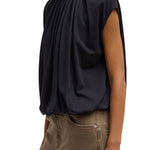 Tibi Tshirt Program Shirred Neck Circular Top Dark Navy - Vermillion
