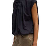 Tibi Tshirt Program Shirred Neck Circular Top Dark Navy - Vermillion