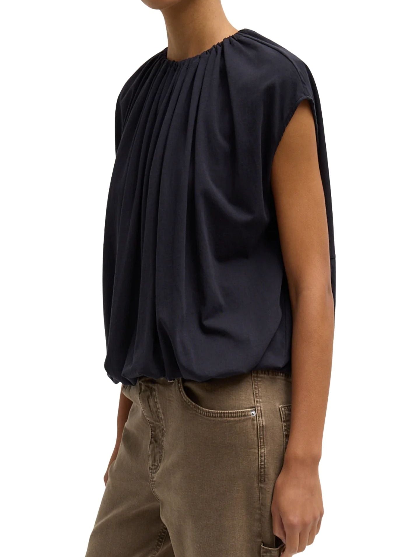 Tibi Tshirt Program Shirred Neck Circular Top Dark Navy - Vermillion