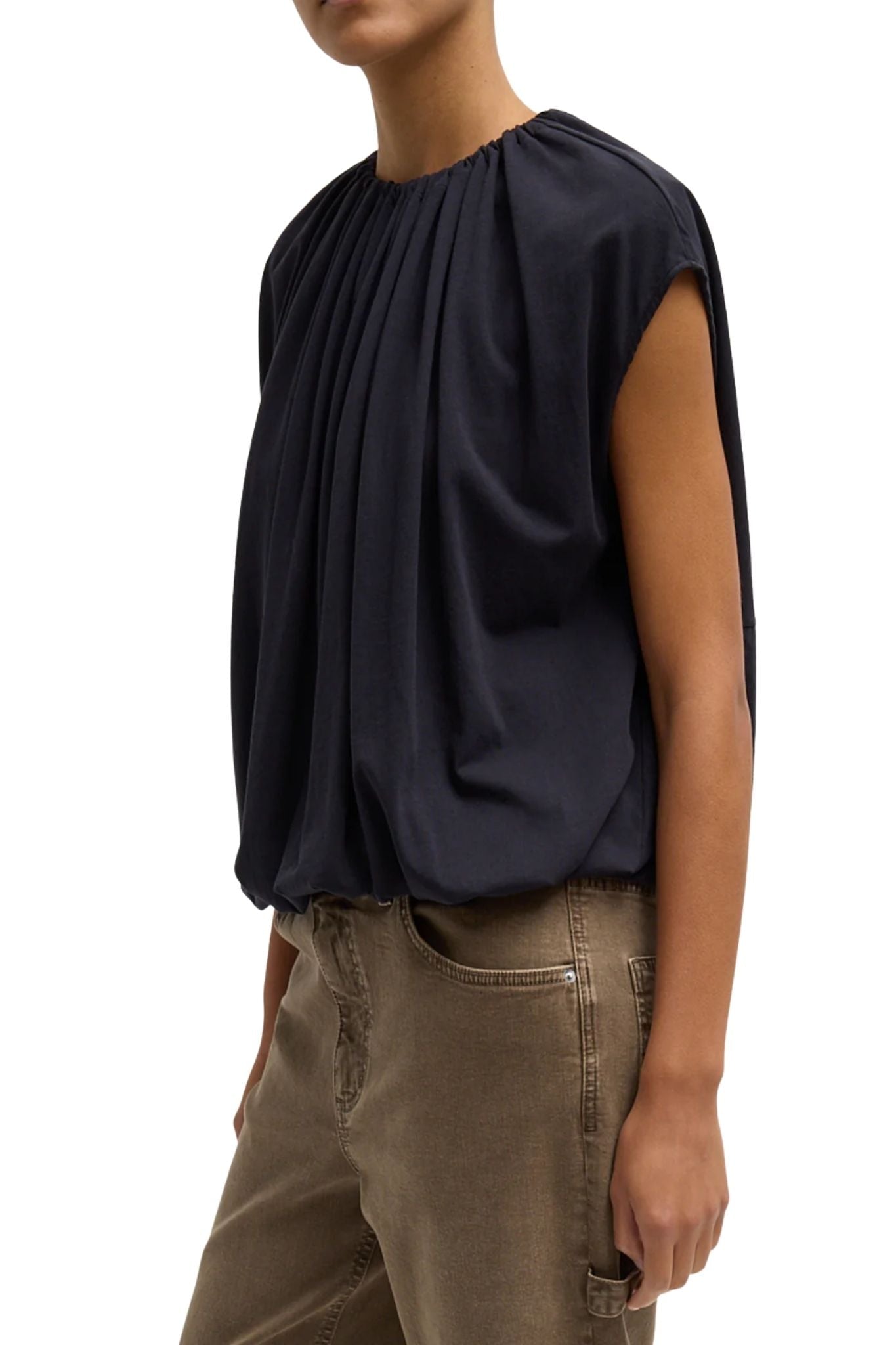 Tibi Tshirt Program Shirred Neck Circular Top Dark Navy - Vermillion