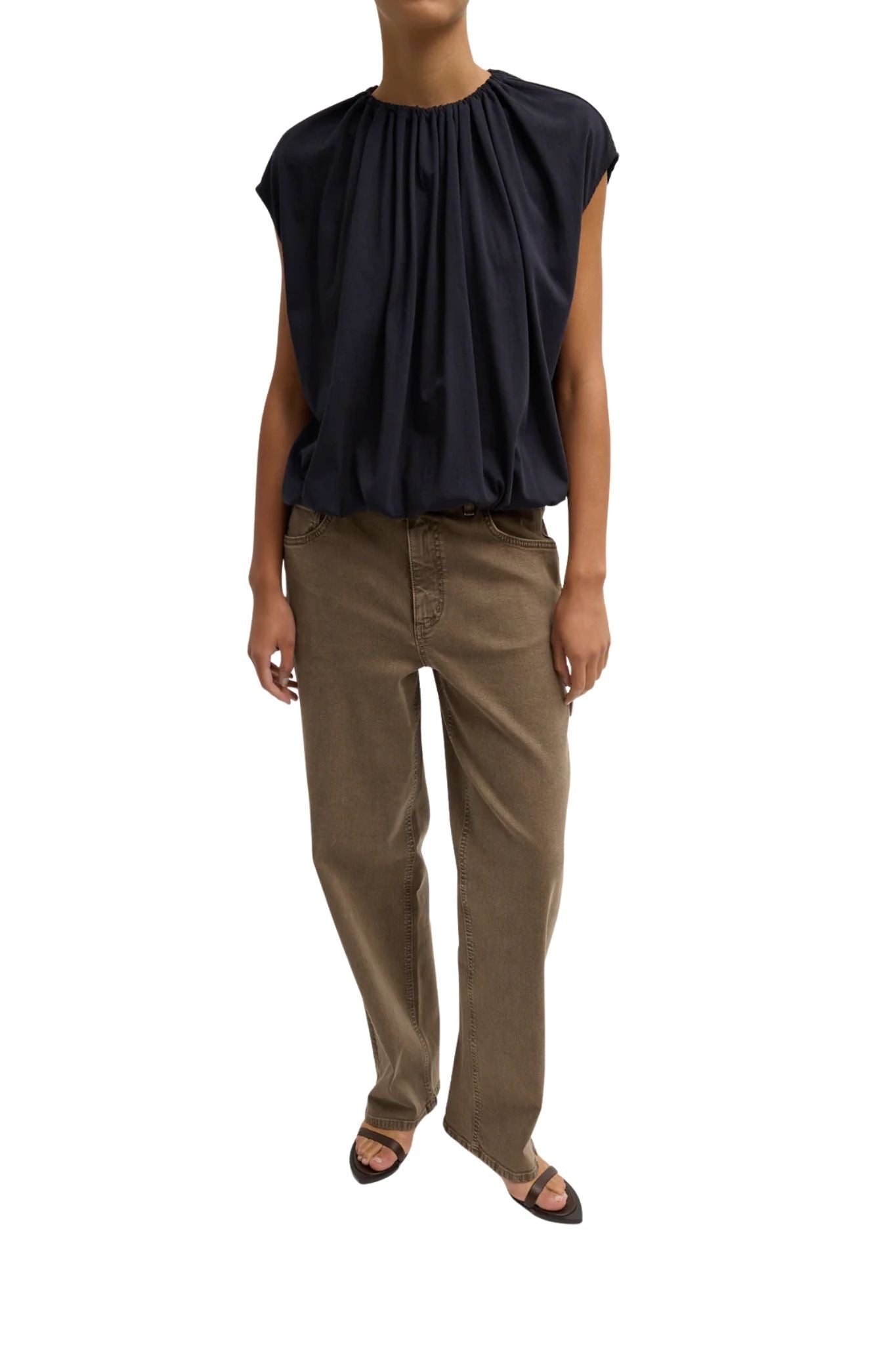 Tibi Tshirt Program Shirred Neck Circular Top Dark Navy - Vermillion