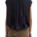 Tibi Tshirt Program Shirred Neck Circular Top Dark Navy - Vermillion