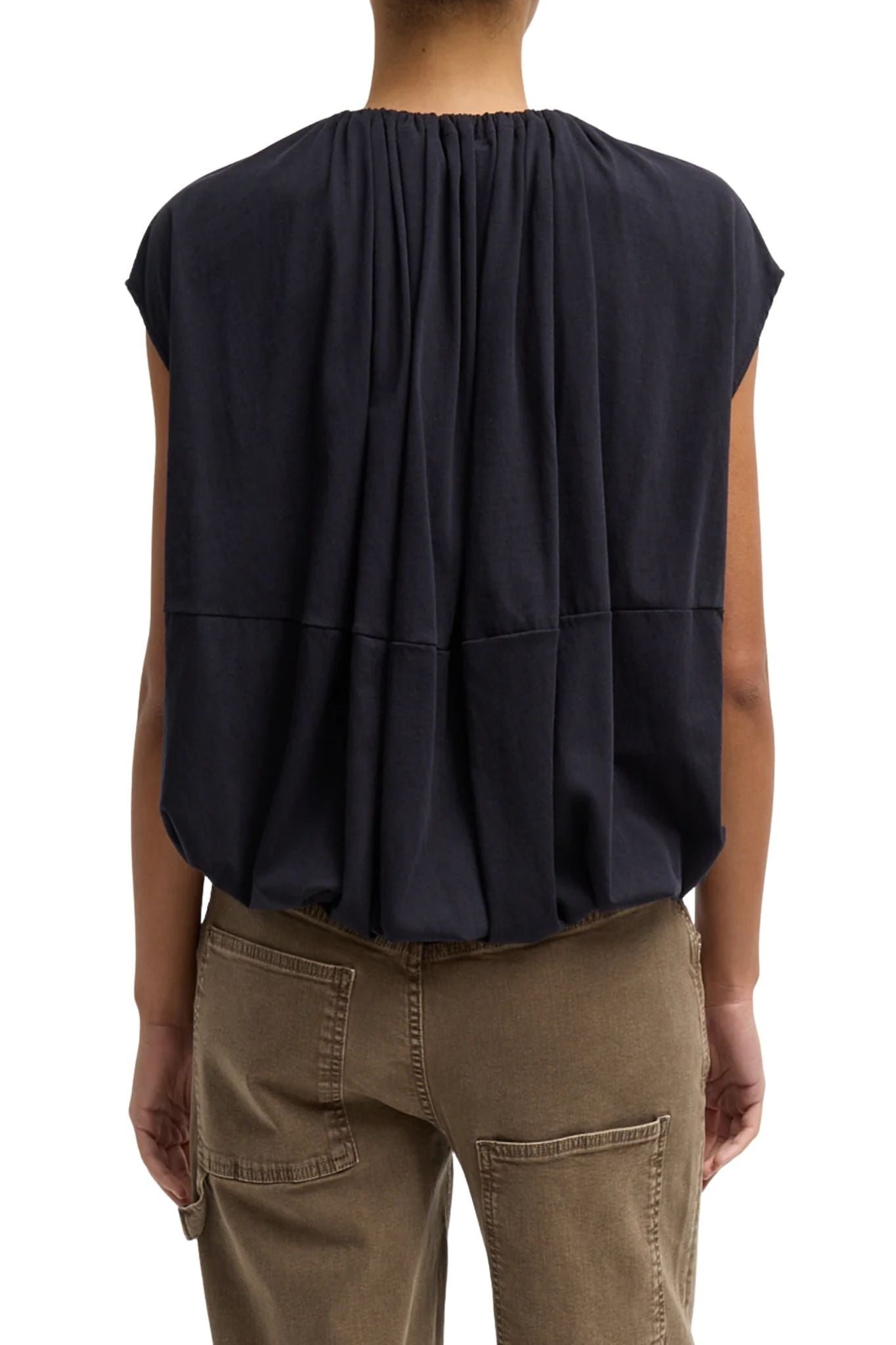 Tibi Tshirt Program Shirred Neck Circular Top Dark Navy - Vermillion