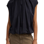 Tibi Tshirt Program Shirred Neck Circular Top Dark Navy - Vermillion
