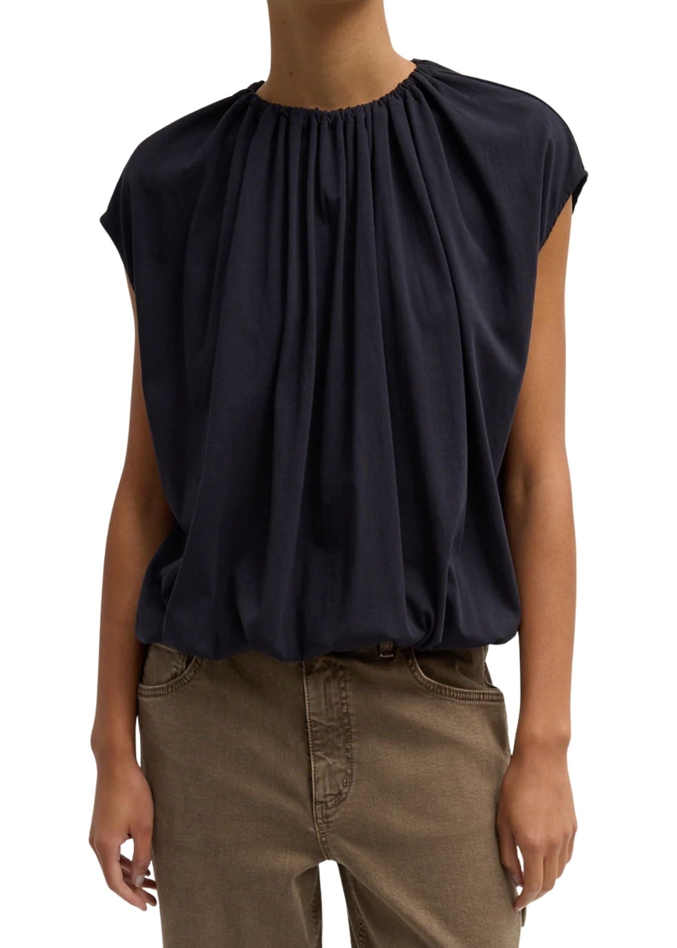 Tibi Tshirt Program Shirred Neck Circular Top Dark Navy - Vermillion