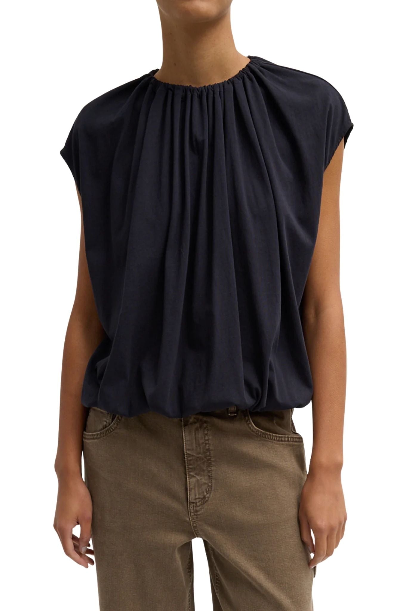 Tibi Tshirt Program Shirred Neck Circular Top Dark Navy - Vermillion