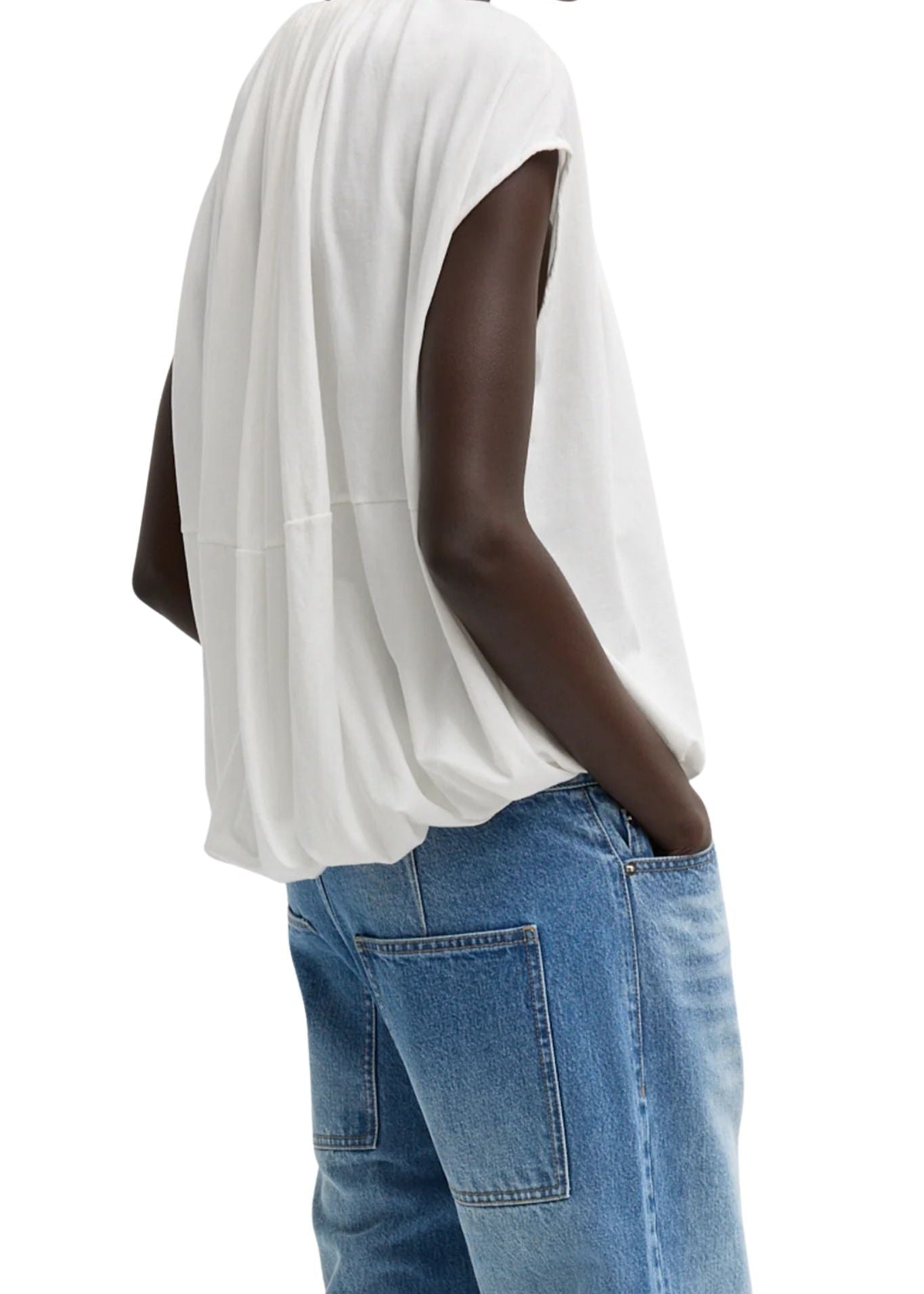 Tibi Tshirt Program Shirred Neck Circular Top White - Vermillion