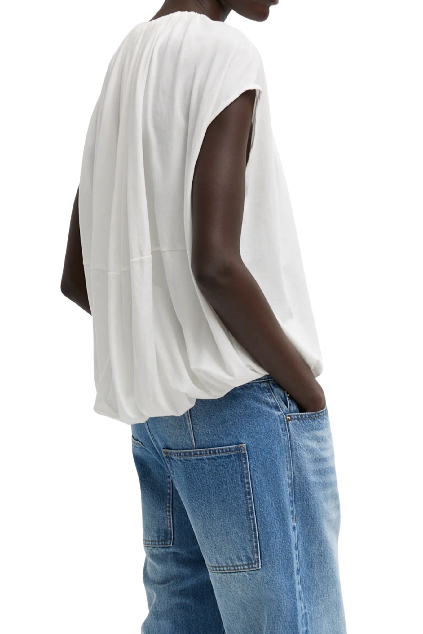 Tibi Tshirt Program Shirred Neck Circular Top White - Vermillion