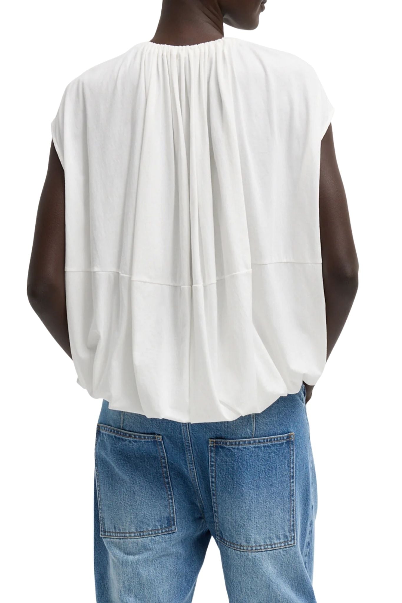 Tibi Tshirt Program Shirred Neck Circular Top White - Vermillion