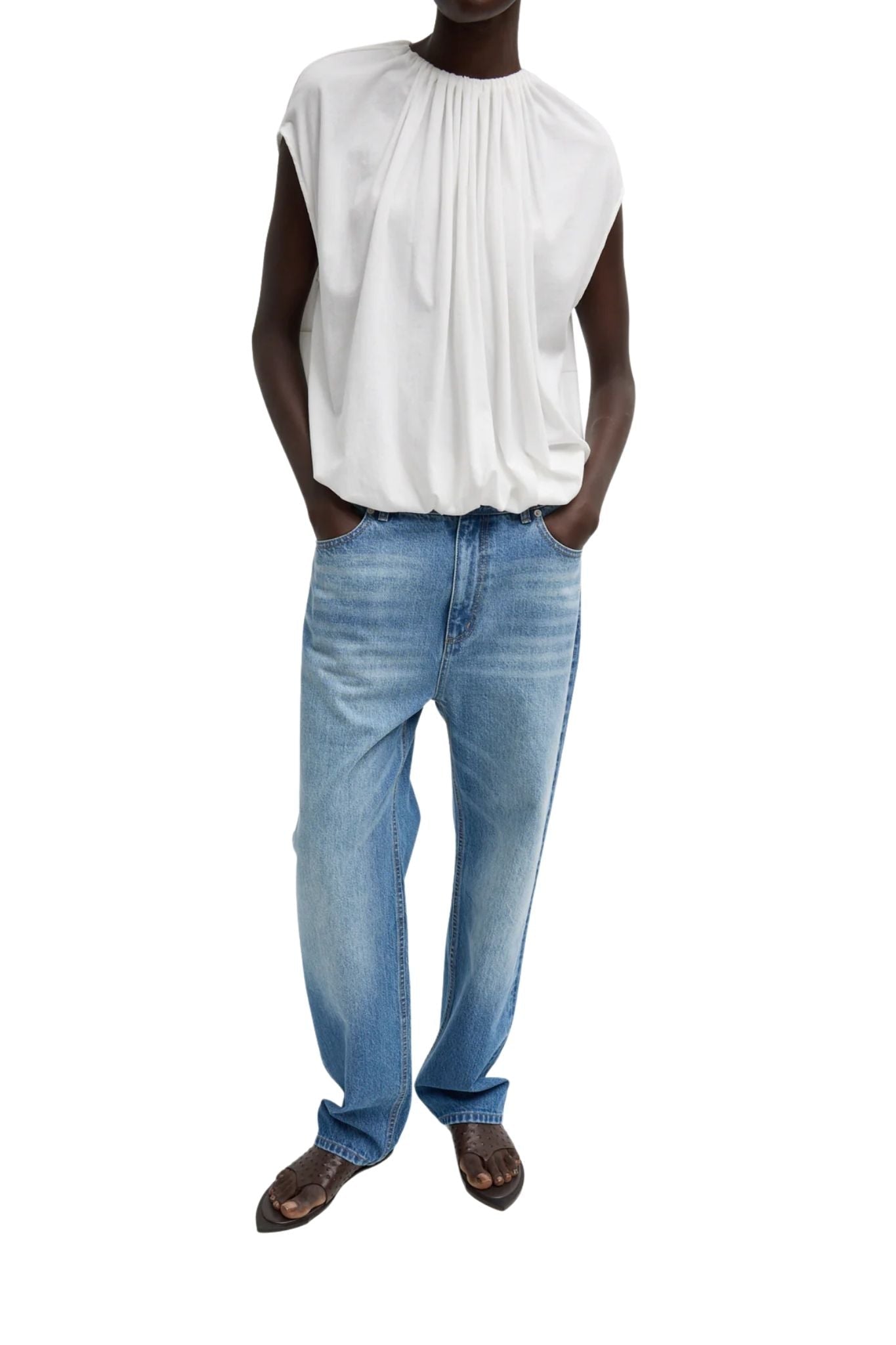 Tibi Tshirt Program Shirred Neck Circular Top White - Vermillion
