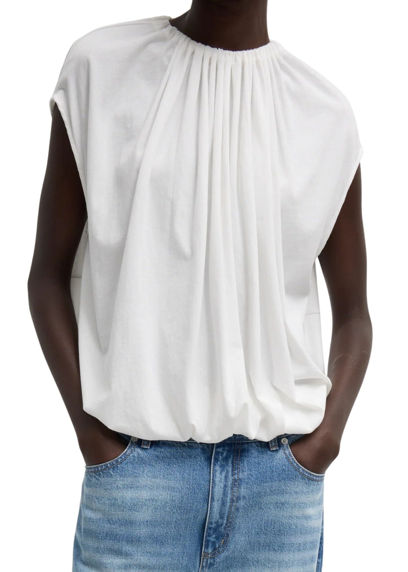 Tibi Tshirt Program Shirred Neck Circular Top White - Vermillion