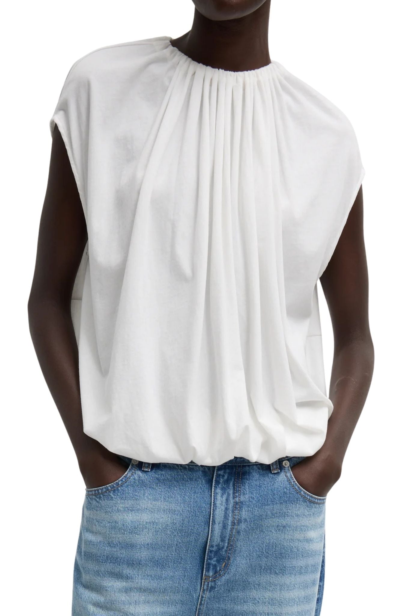 Tibi Tshirt Program Shirred Neck Circular Top White - Vermillion