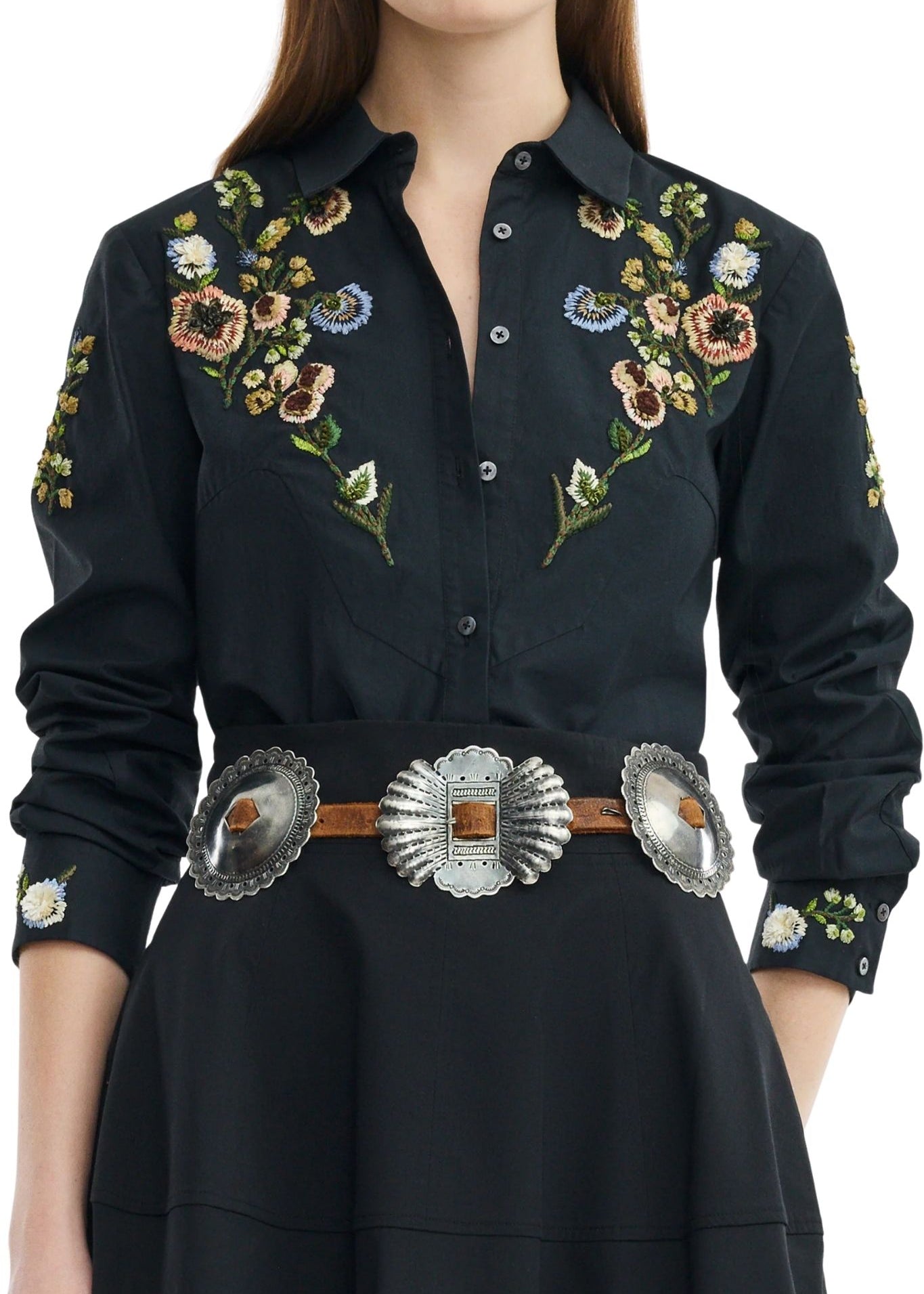 Lela Rose Floral Thread Embroidered Cotton Shirt