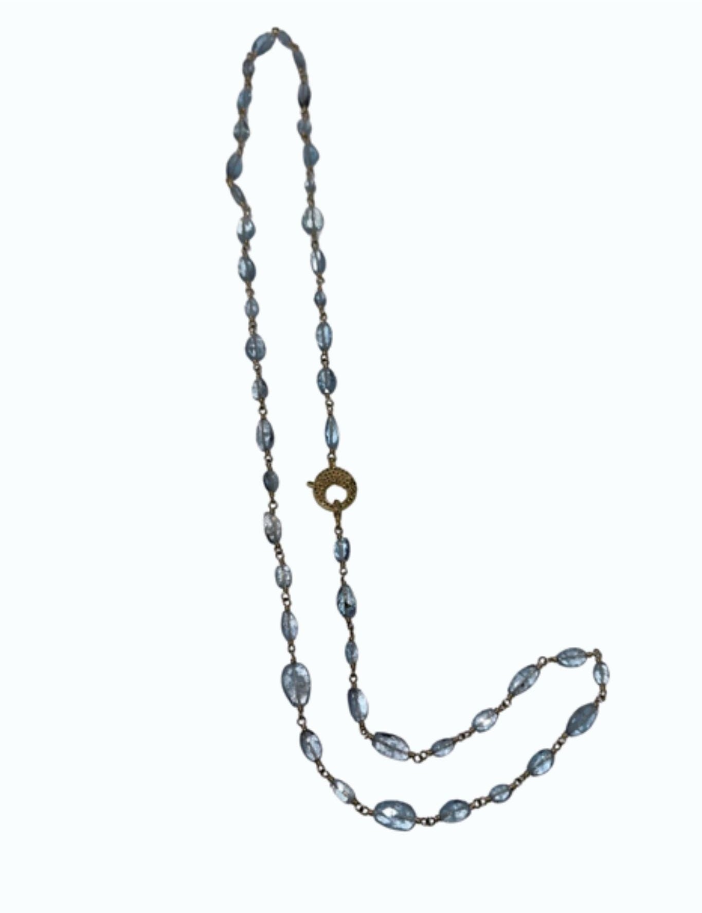 V11333 The Woods TS Long Aquamarine Necklace with Circular Brass Diamond Pave Clasp - Vermillion