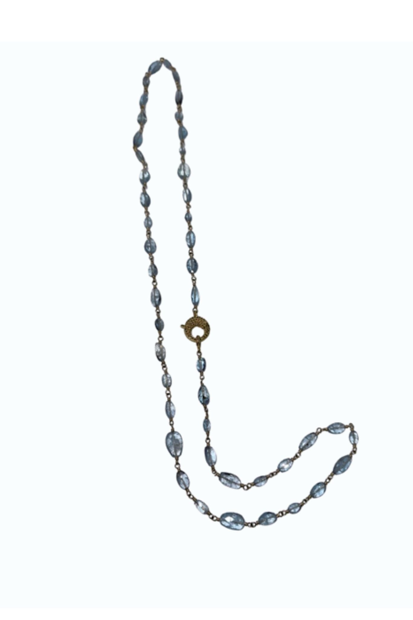 V11333 The Woods TS Long Aquamarine Necklace with Circular Brass Diamond Pave Clasp - Vermillion