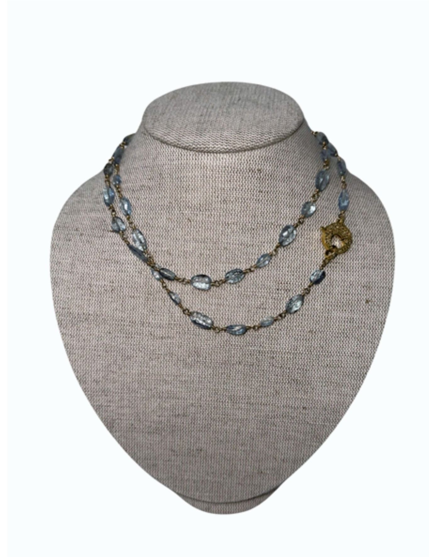 V11333 The Woods TS Long Aquamarine Necklace with Circular Brass Diamond Pave Clasp - Vermillion