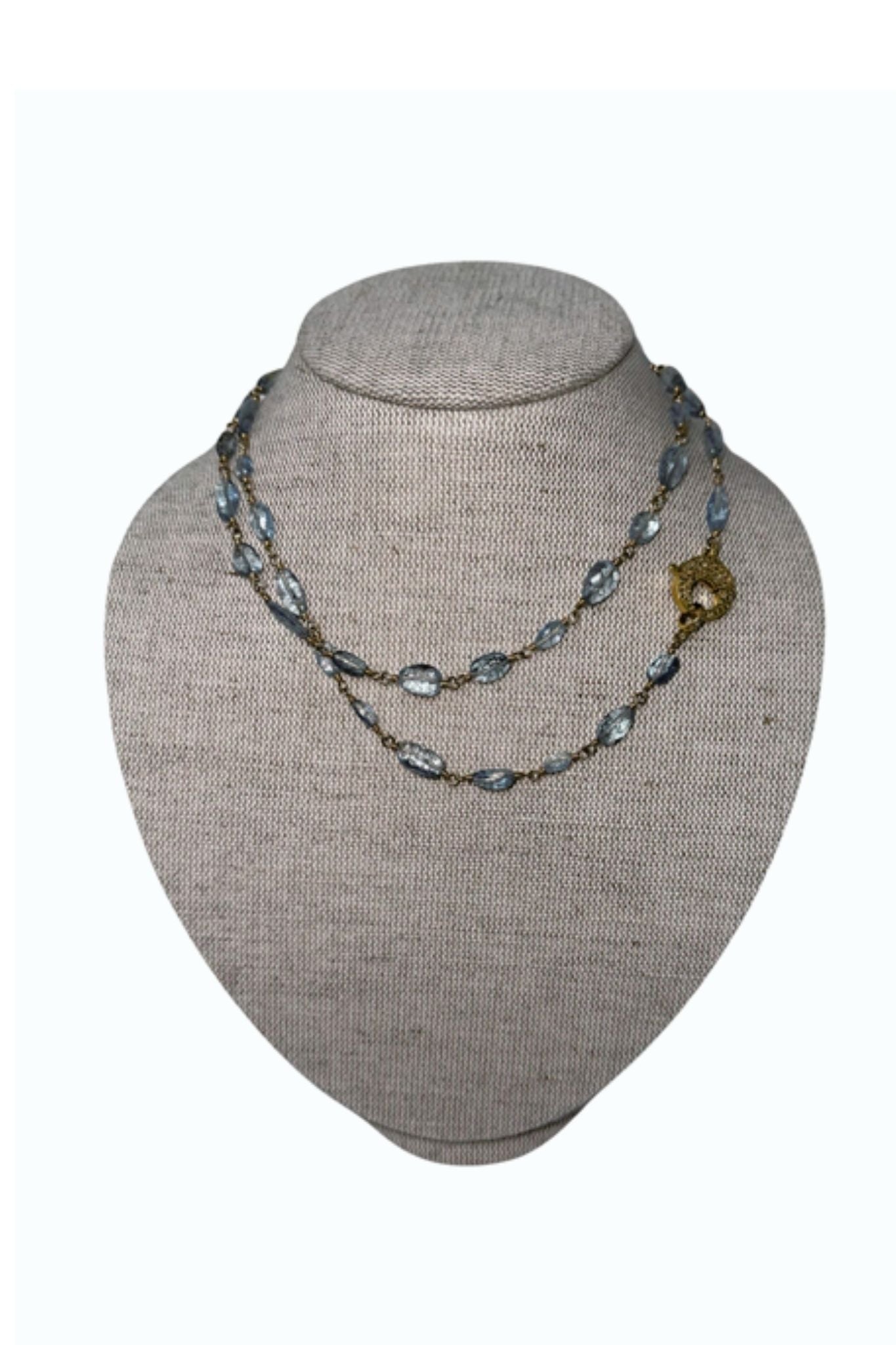 V11333 The Woods TS Long Aquamarine Necklace with Circular Brass Diamond Pave Clasp - Vermillion