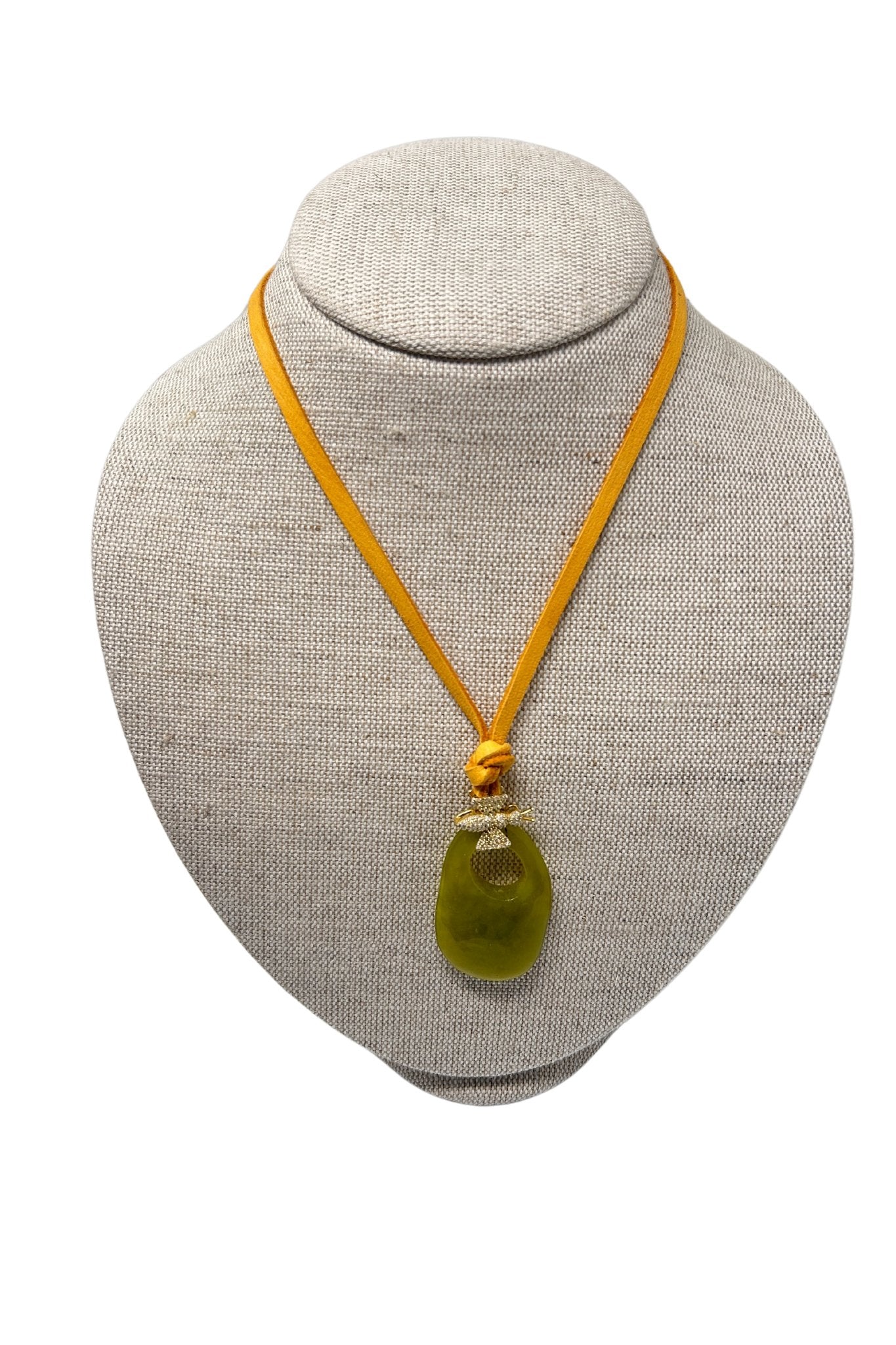 V497B The Woods Green Stone with Bee Charm on Brown Leather Necklace - Vermillion