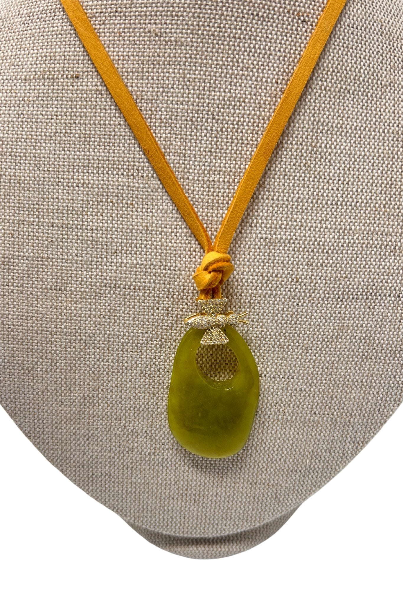 V497B The Woods Green Stone with Bee Charm on Brown Leather Necklace - Vermillion