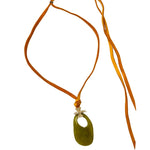 V497B The Woods Green Stone with Bee Charm on Brown Leather Necklace - Vermillion