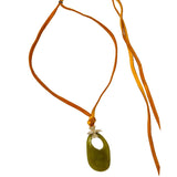 V497B The Woods Green Stone with Bee Charm on Brown Leather Necklace - Vermillion