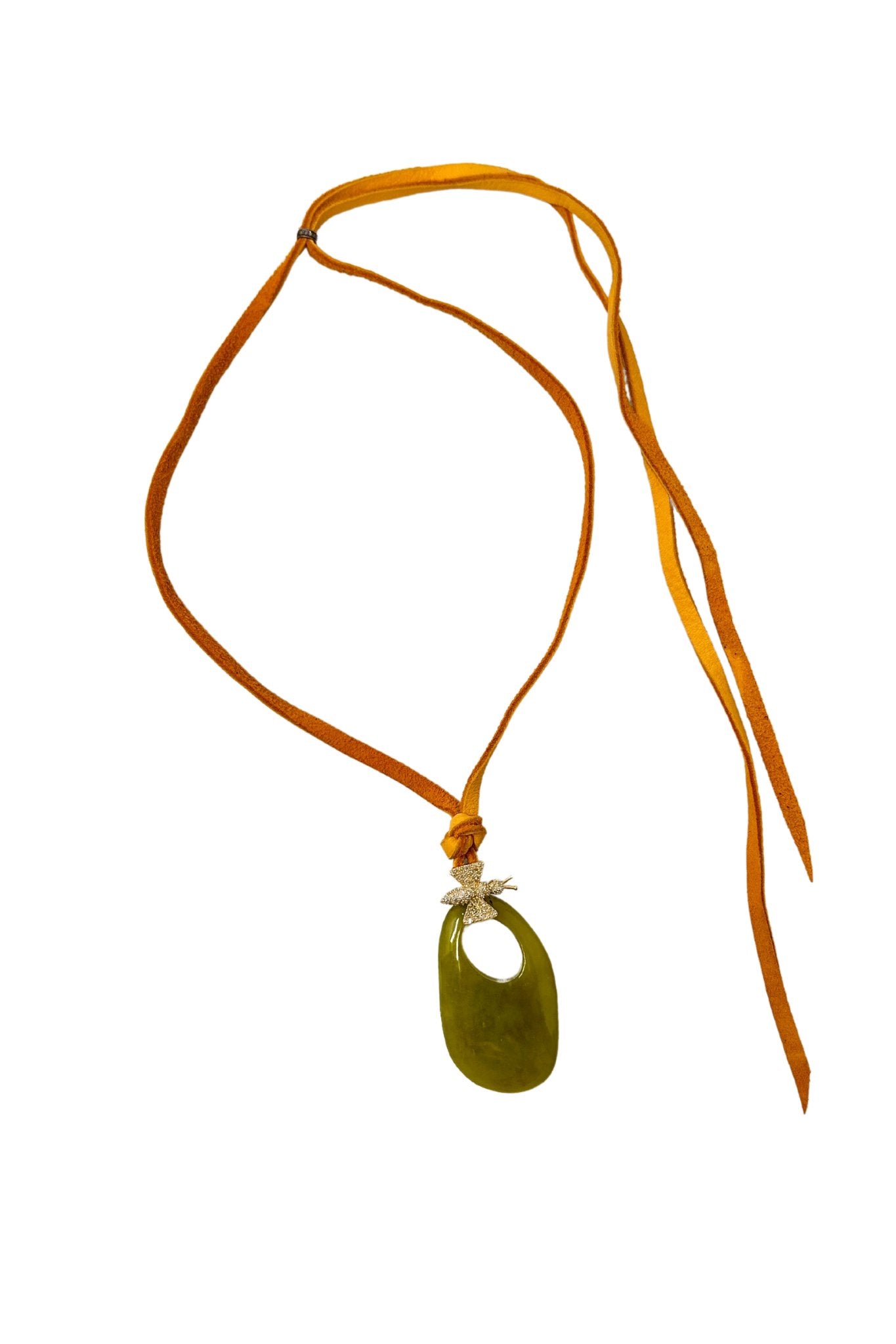 V497B The Woods Green Stone with Bee Charm on Brown Leather Necklace - Vermillion