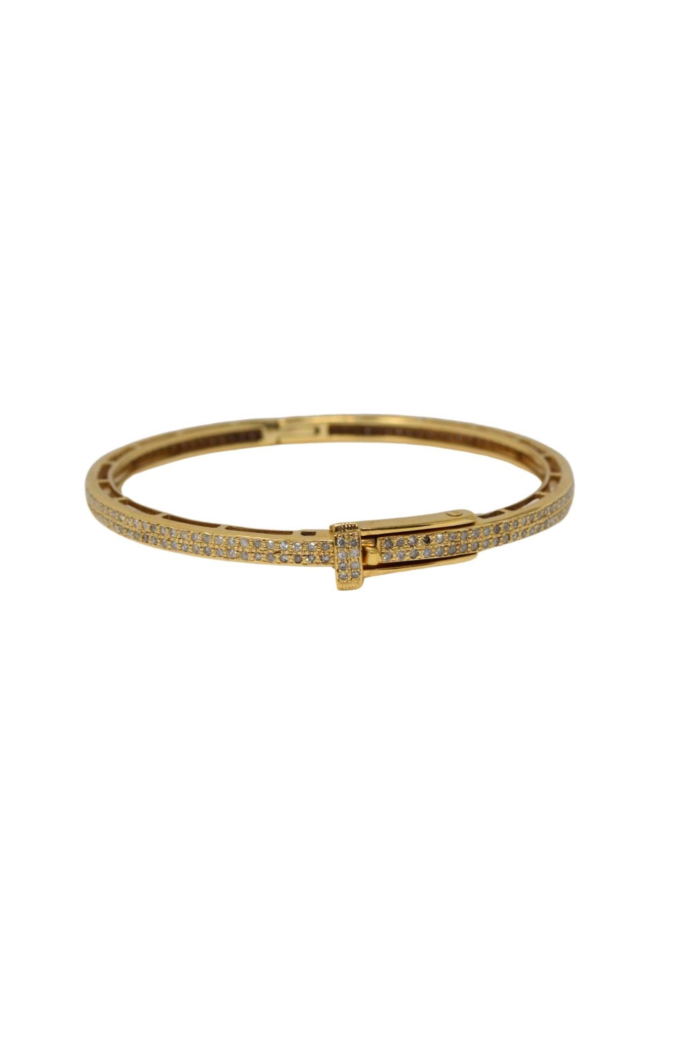 V564 The Woods Brass Round Bangle with 2 Diamond Rows - Vermillion