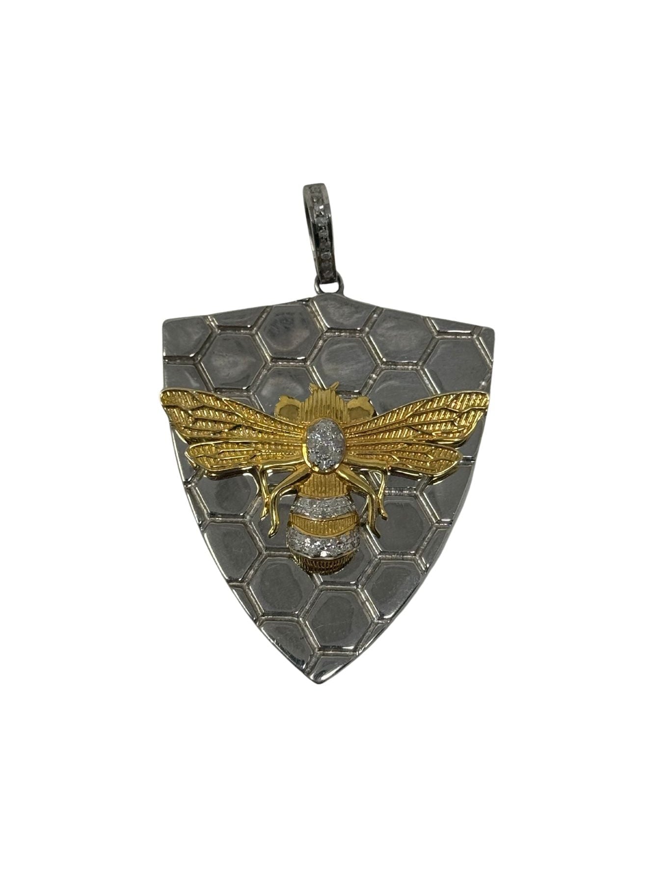 V568 The Woods Silver Shield Pendant with Brass and Diamond Bee - Vermillion