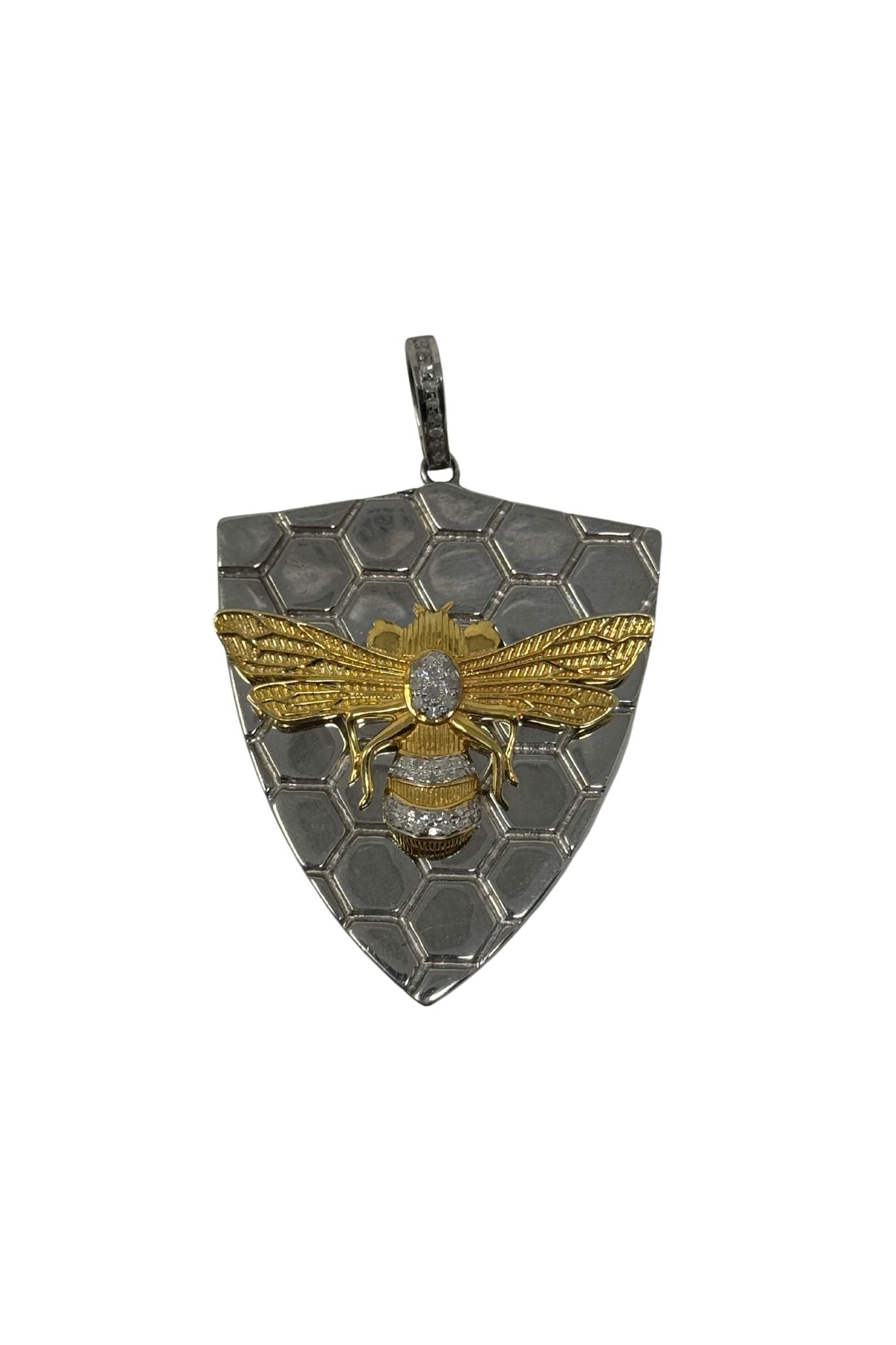 V568 The Woods Silver Shield Pendant with Brass and Diamond Bee - Vermillion