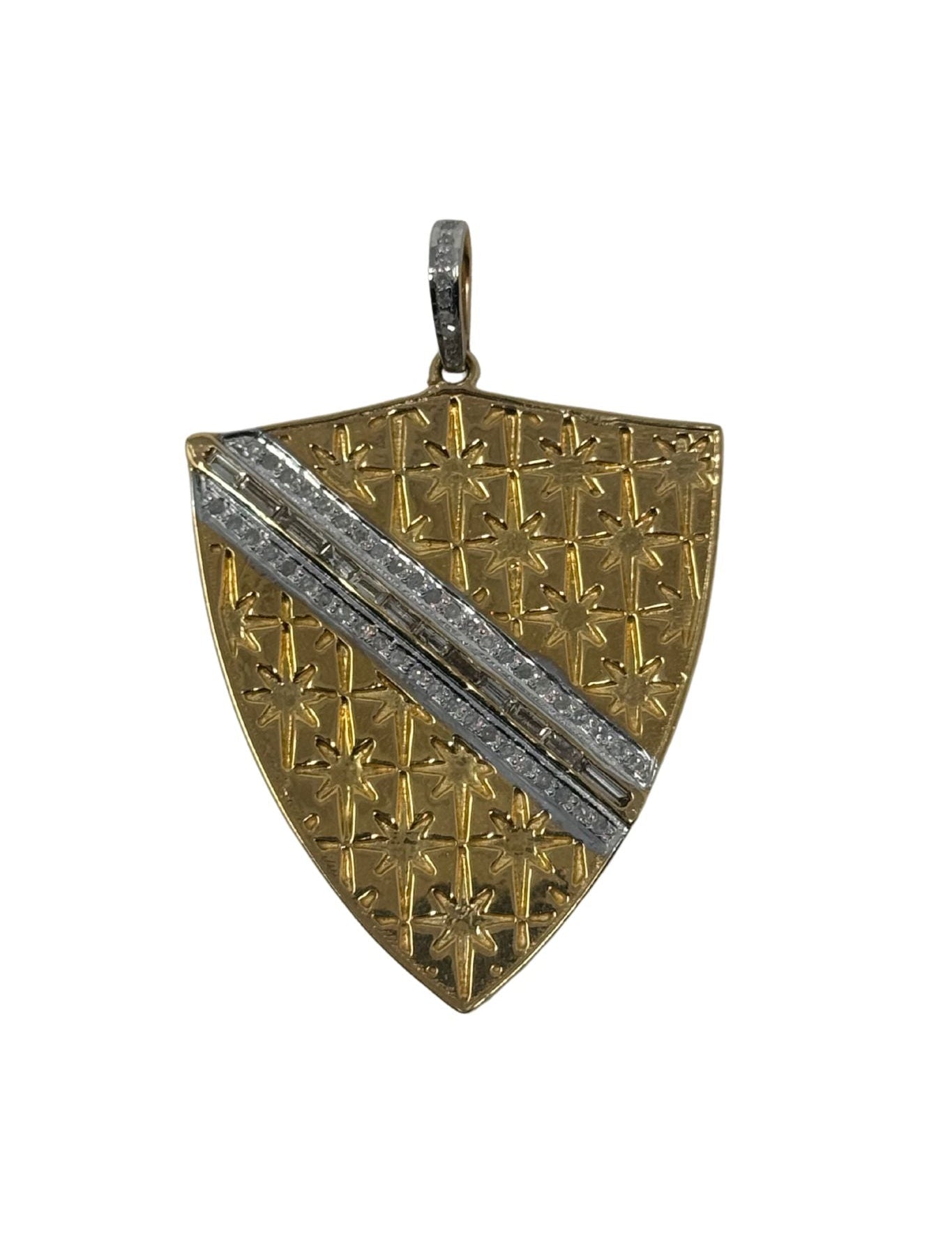 V569 The Woods Brass Shield Pendant with Diamonds - Vermillion