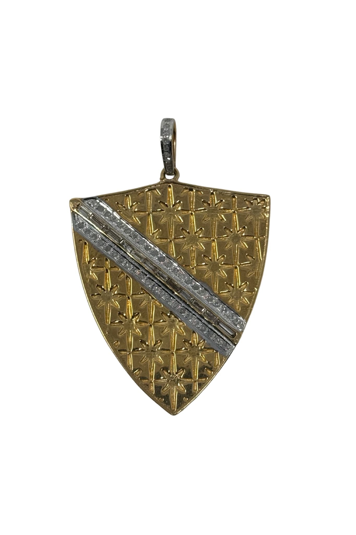 V569 The Woods Brass Shield Pendant with Diamonds - Vermillion