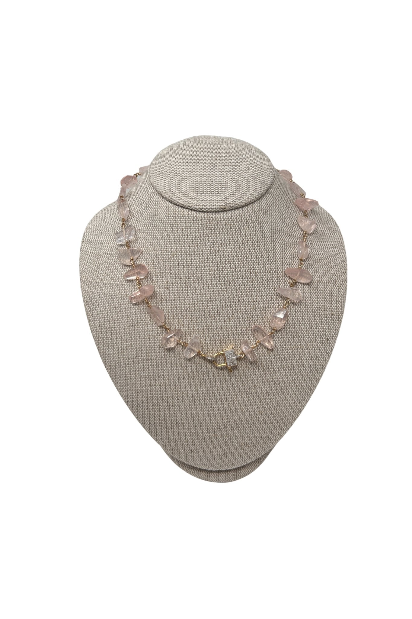 V583 The Woods Short Rose Quartz and Brass Necklace - Vermillion