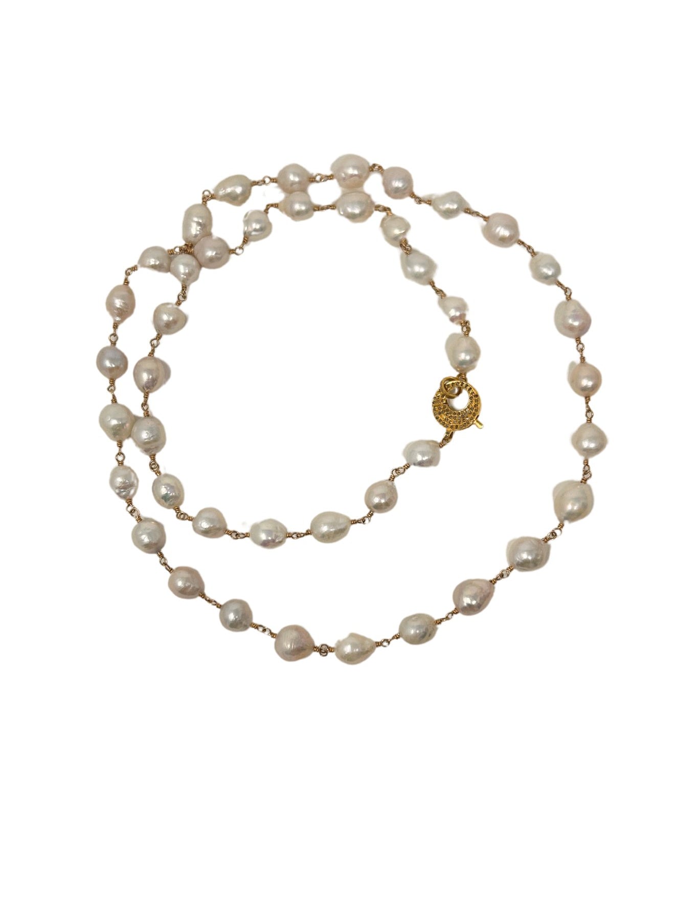 V595 The Woods Long White Freshwater Pearl and Brass Necklace - Vermillion