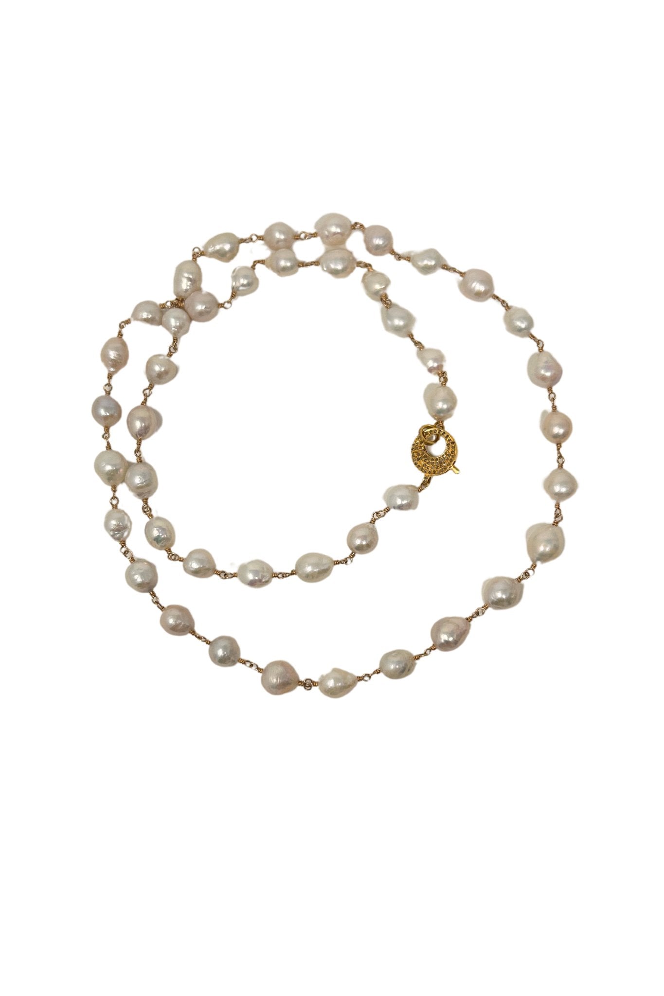 V595 The Woods Long White Freshwater Pearl and Brass Necklace - Vermillion