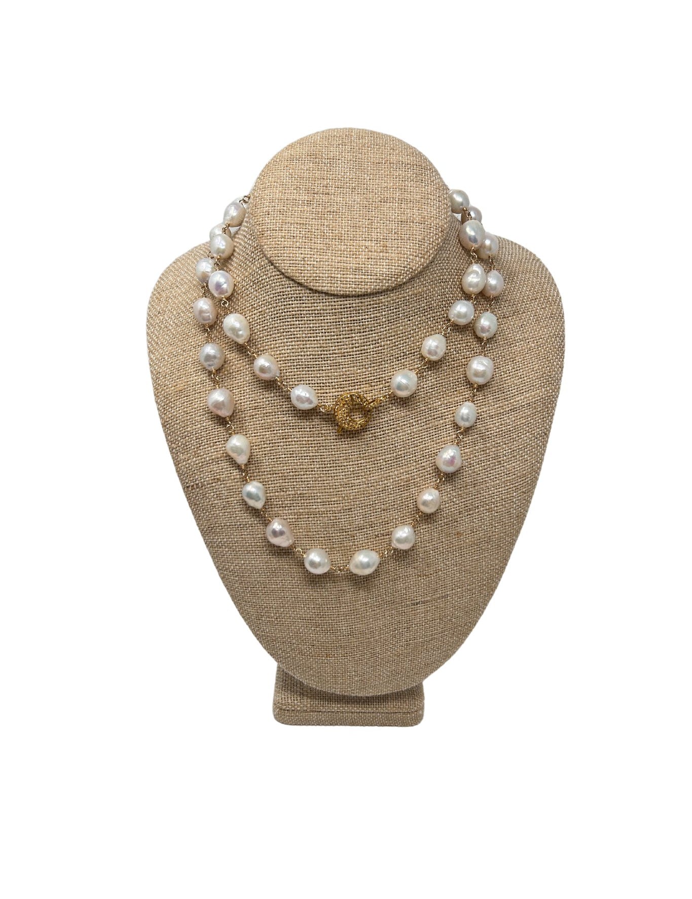 V595 The Woods Long White Freshwater Pearl and Brass Necklace - Vermillion