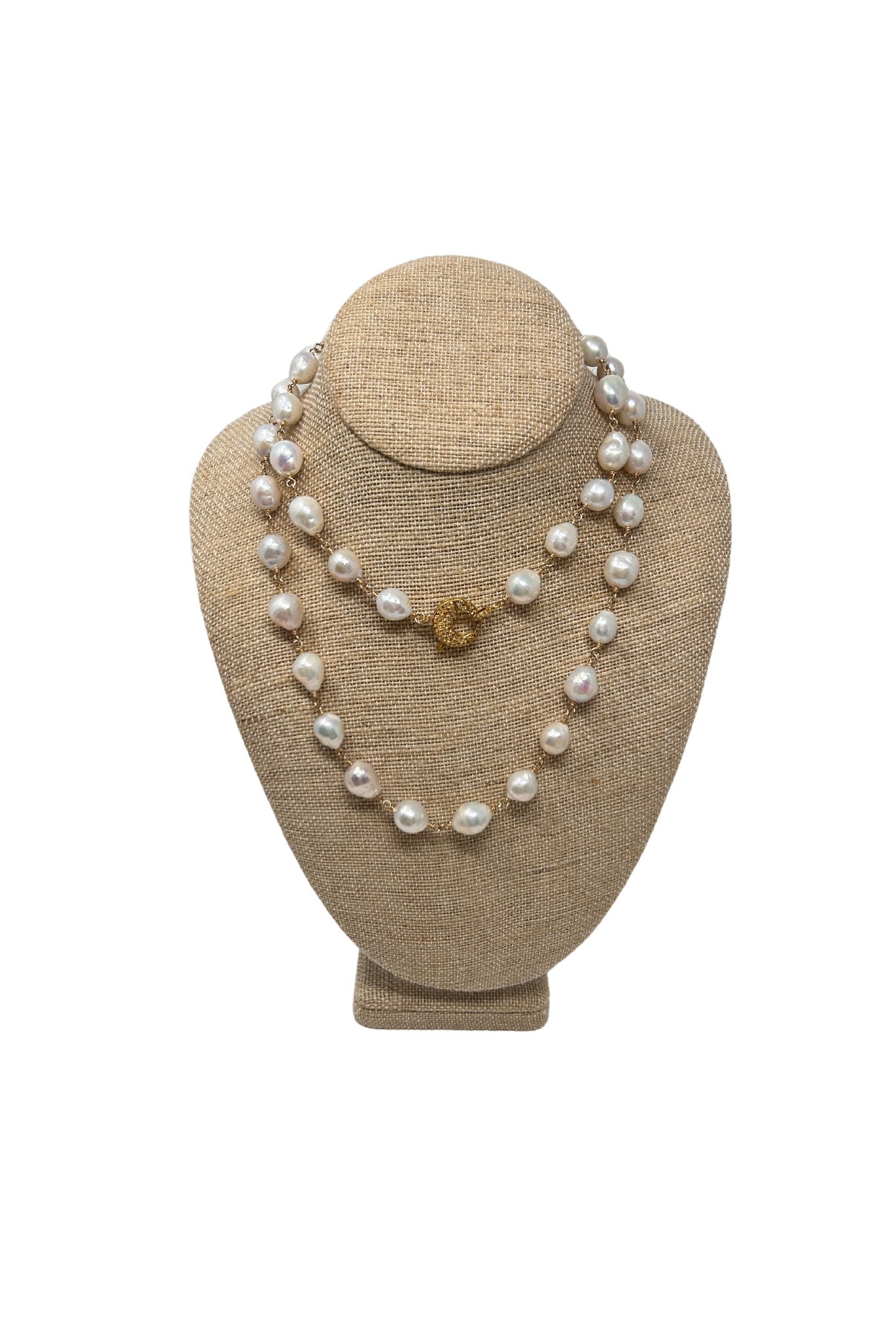 V595 The Woods Long White Freshwater Pearl and Brass Necklace - Vermillion