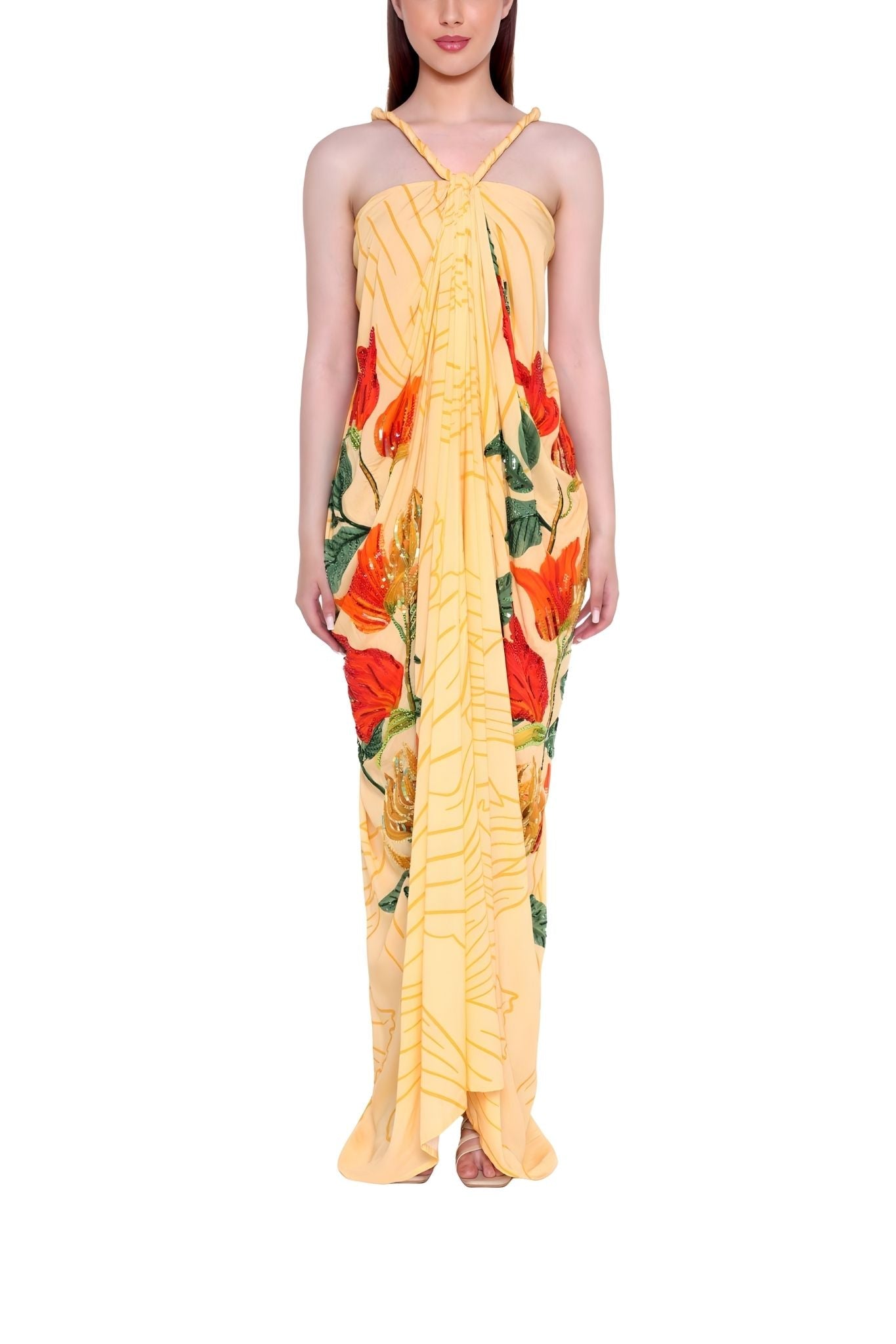 Verandah Hand Beaded Tulip Twisted Maxi - Vermillion