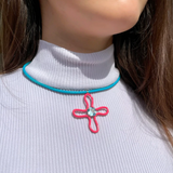 Bea Bongiasca Pop Chocker with Lucky Flower Pendant in Hot Pink Enamel with Octagon Cut Blue Topaz 9k Yellow Gold and Silver