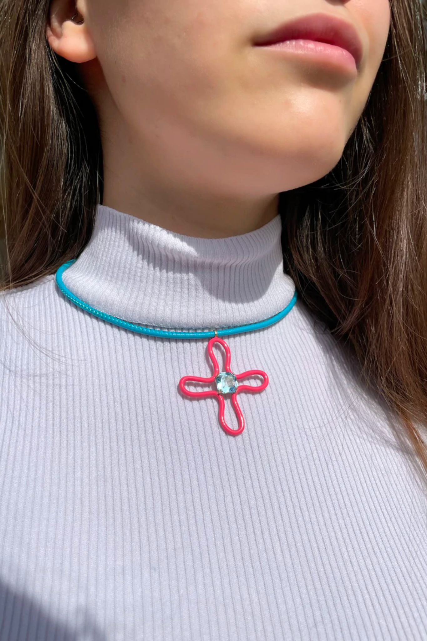 Bea Bongiasca Pop Chocker with Lucky Flower Pendant in Hot Pink Enamel with Octagon Cut Blue Topaz 9k Yellow Gold and Silver