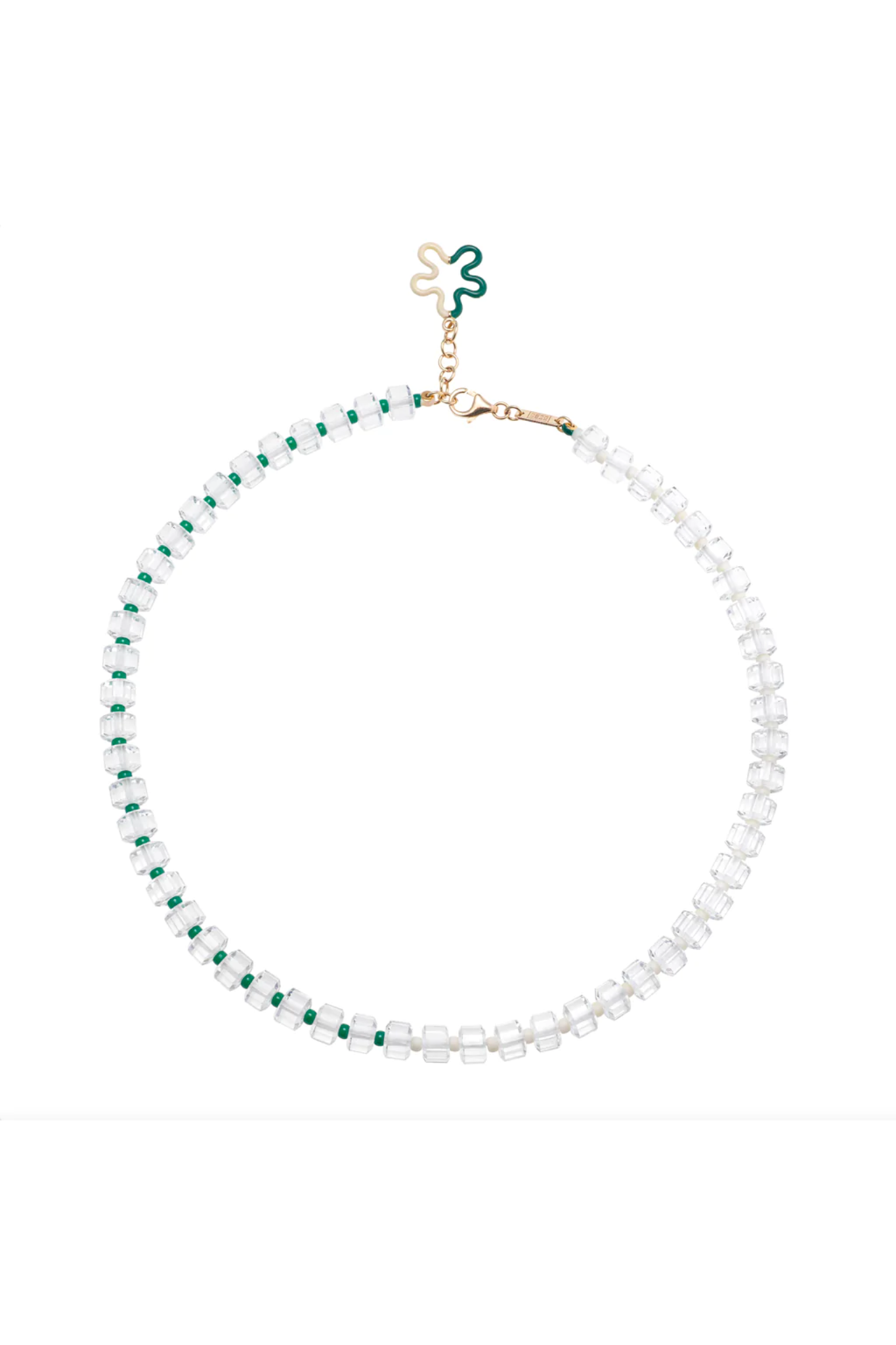 Bea Bongiasca B Beaded Necklace with Evergreen and Panna Crystal Beads and Floral Charm